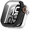 Smartwatch with a black case and silver accents on a white background