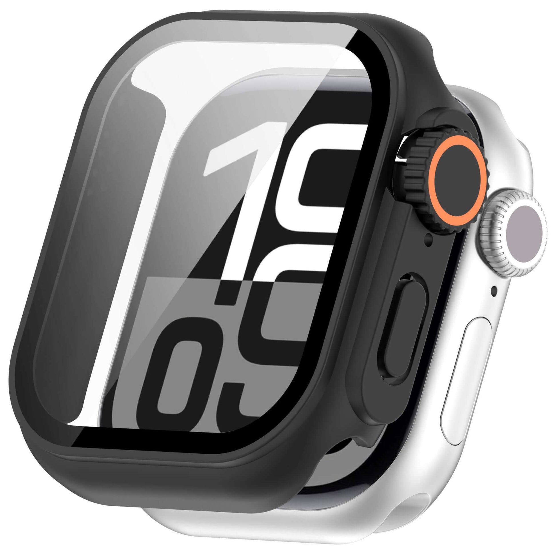 Smartwatch with a black case and silver accents on a white background