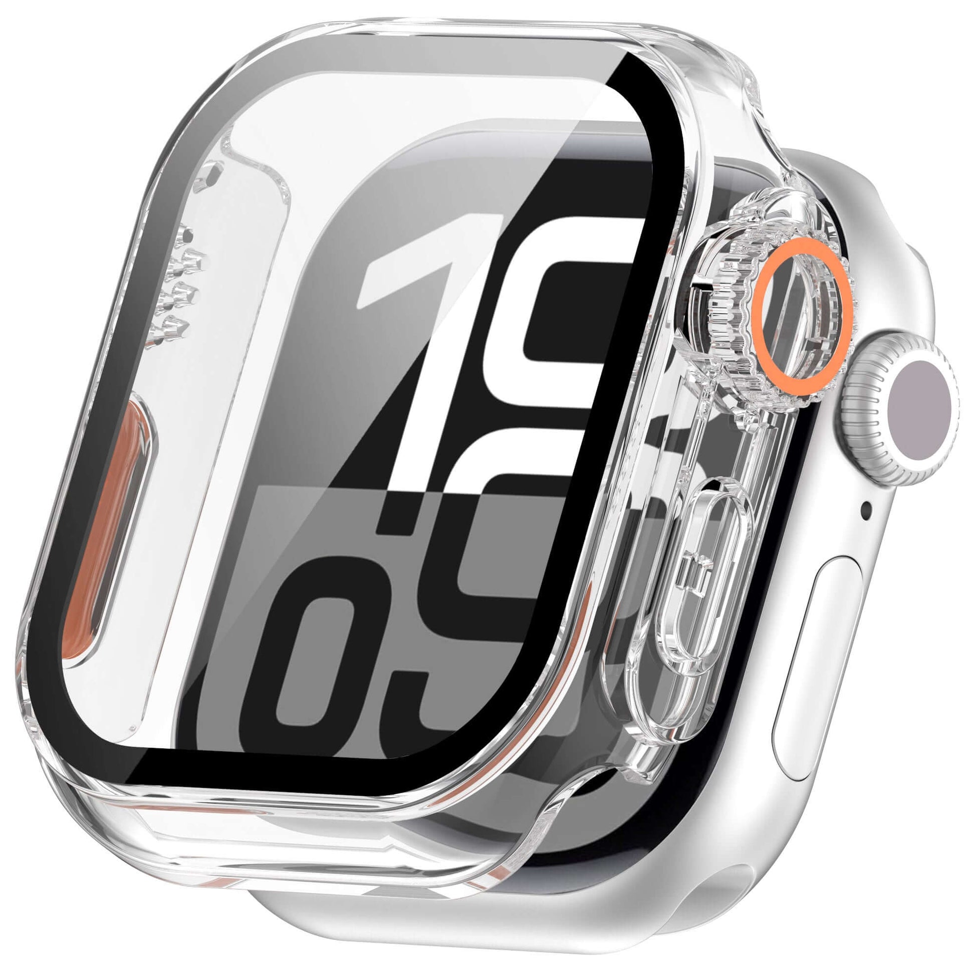 Smartwatch with a clear protective case on a white background