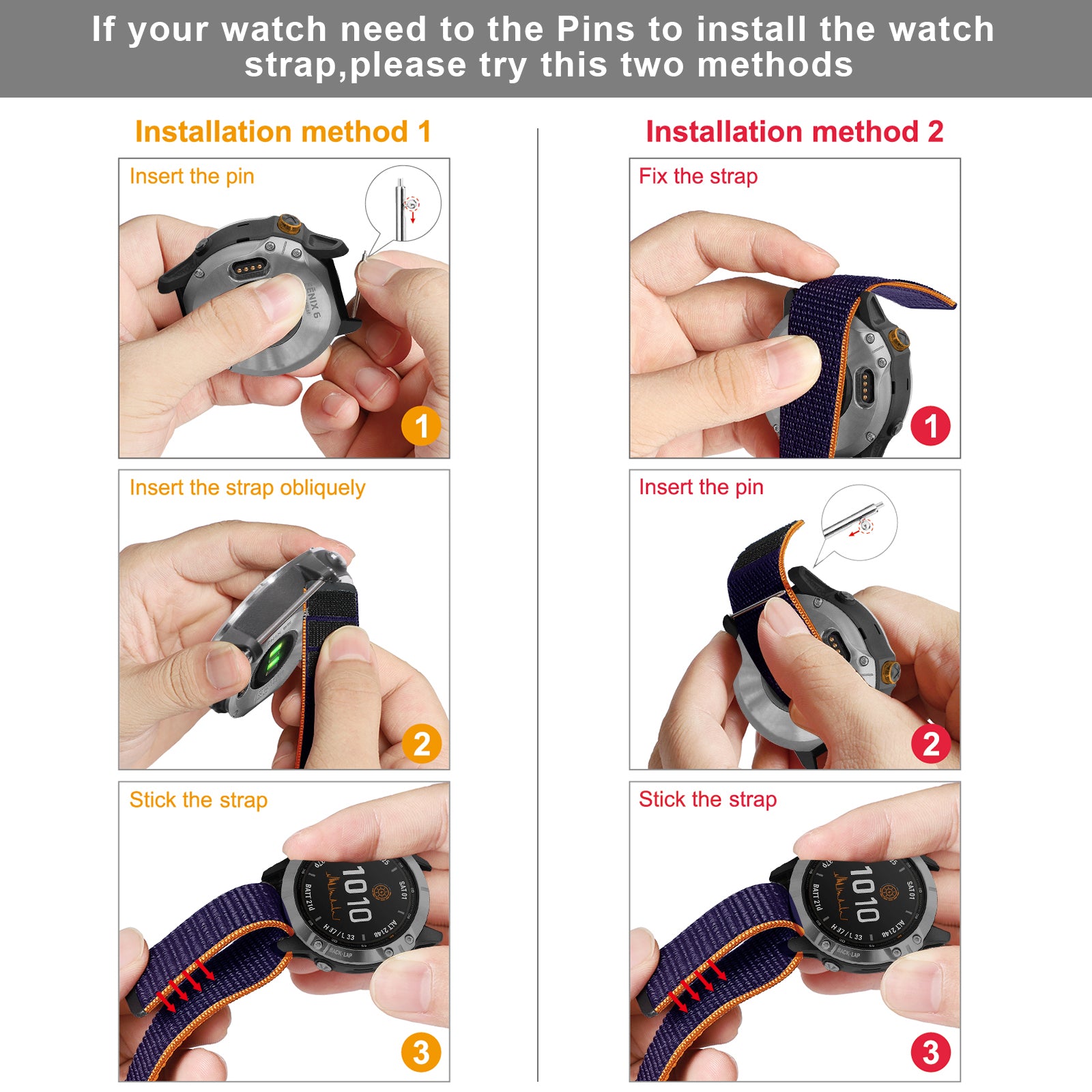 Instructions for installing a watch strap with two methods shown in images.