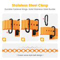 Orange belt with black clasp on a white background, featuring text about stainless steel clasp and durable fastener rings.