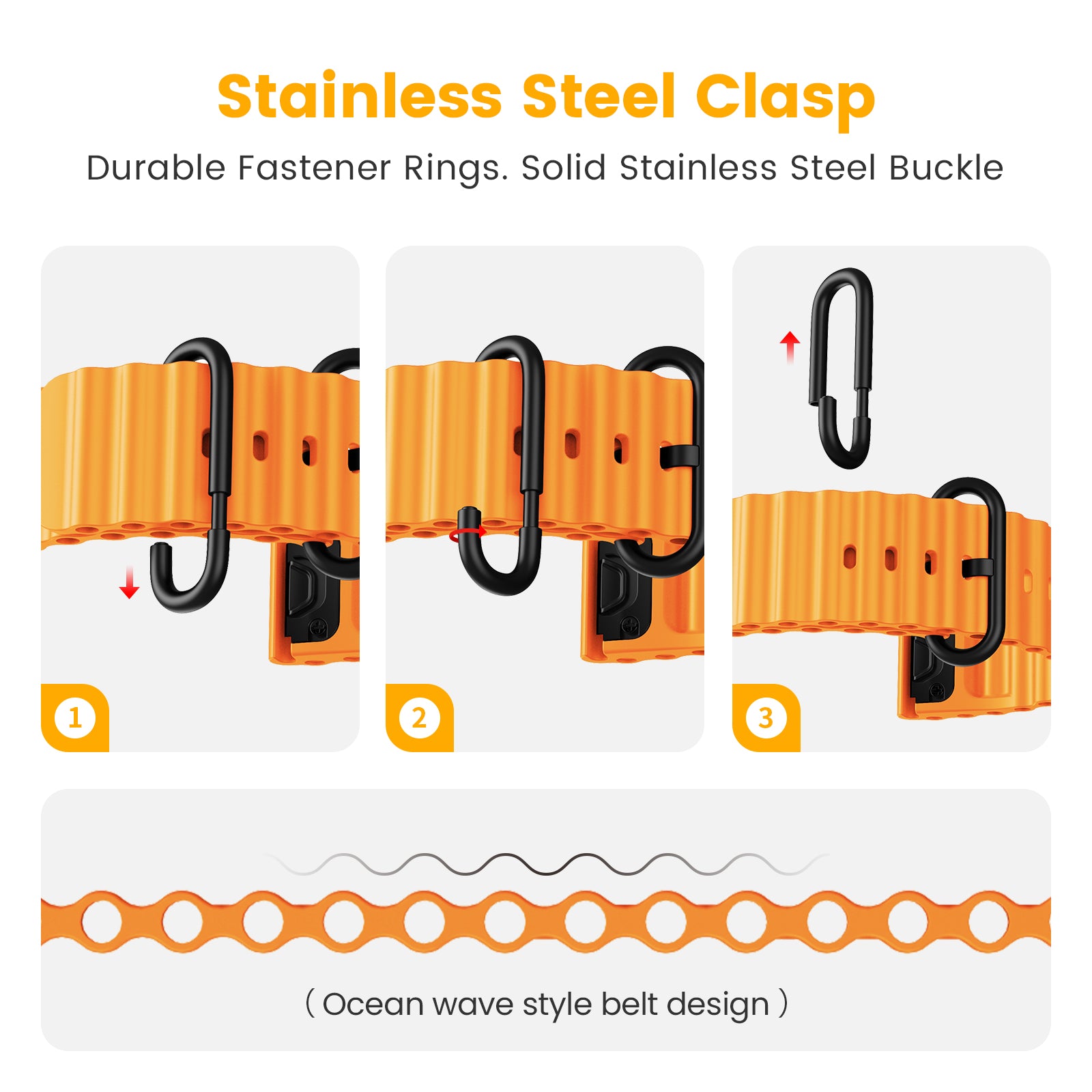 Orange belt with black clasp on a white background, featuring text about stainless steel clasp and durable fastener rings.