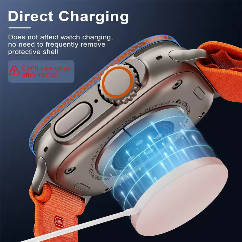 Smartwatch with an orange band charging through a transparent case on a dark background