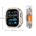Smartwatch with case, showing screen display and dimensions on a white background