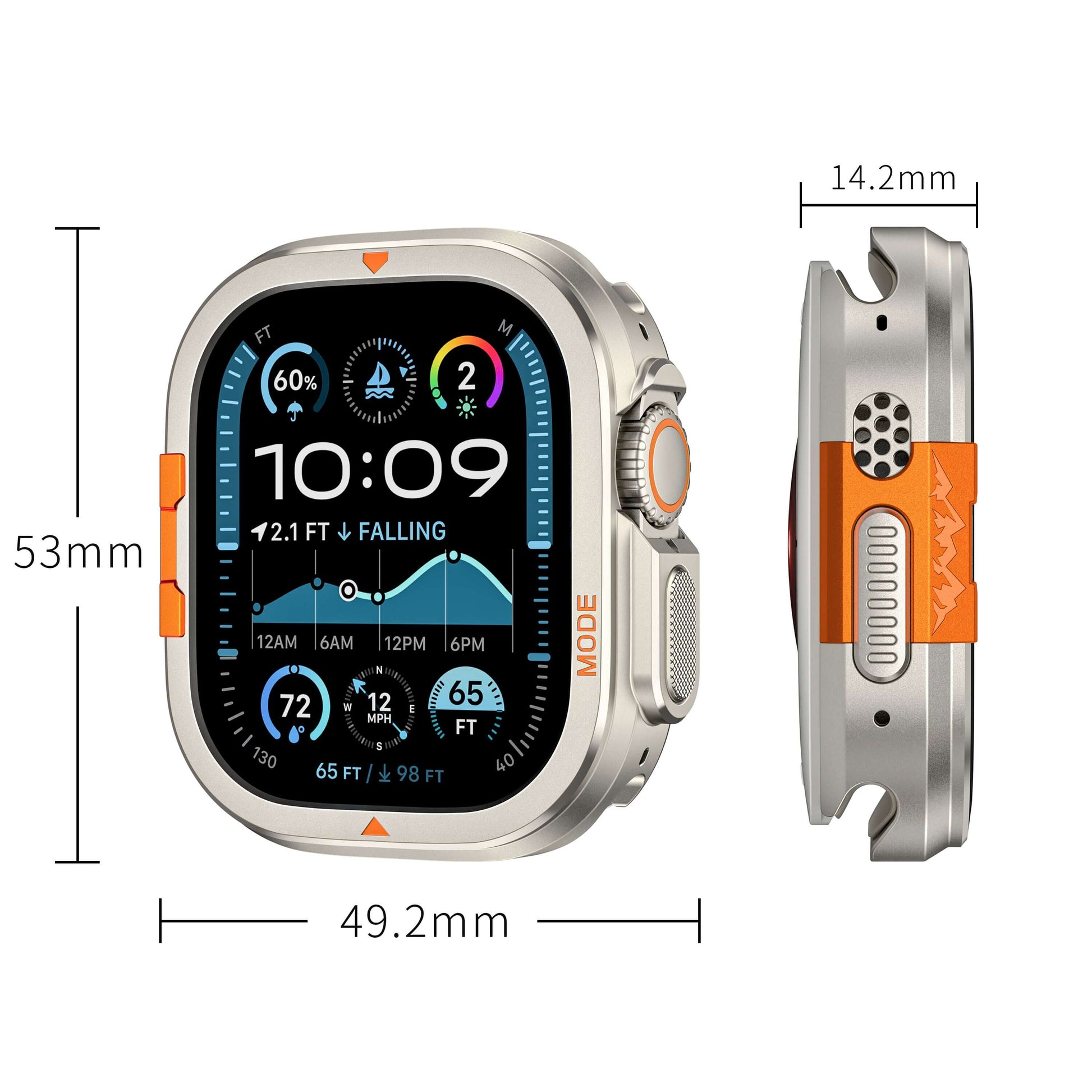 Smartwatch with case, showing screen display and dimensions on a white background