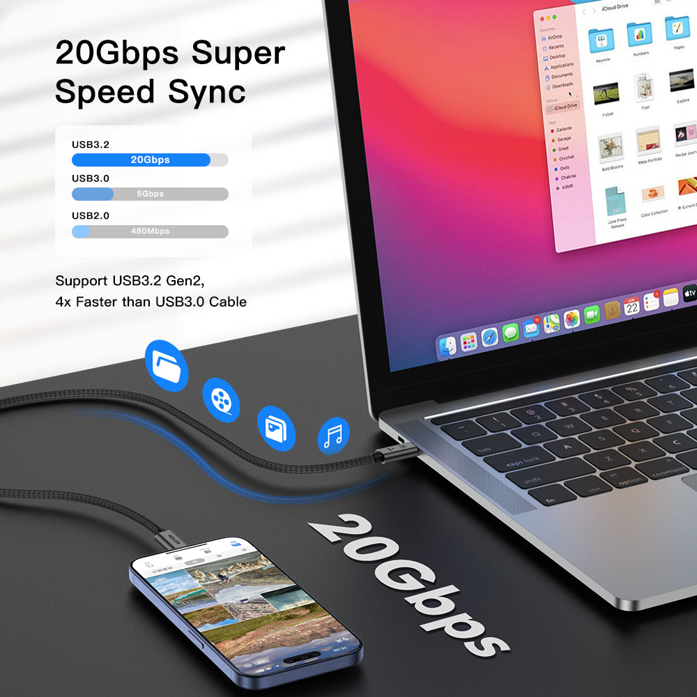 Laptop and smartphone connected with a cable, emphasizing 20Gbps super speed sync technology.