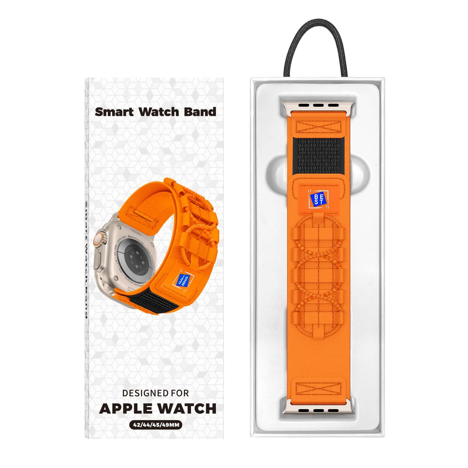 Orange smart watch band packaging designed for Apple Watch on a white background