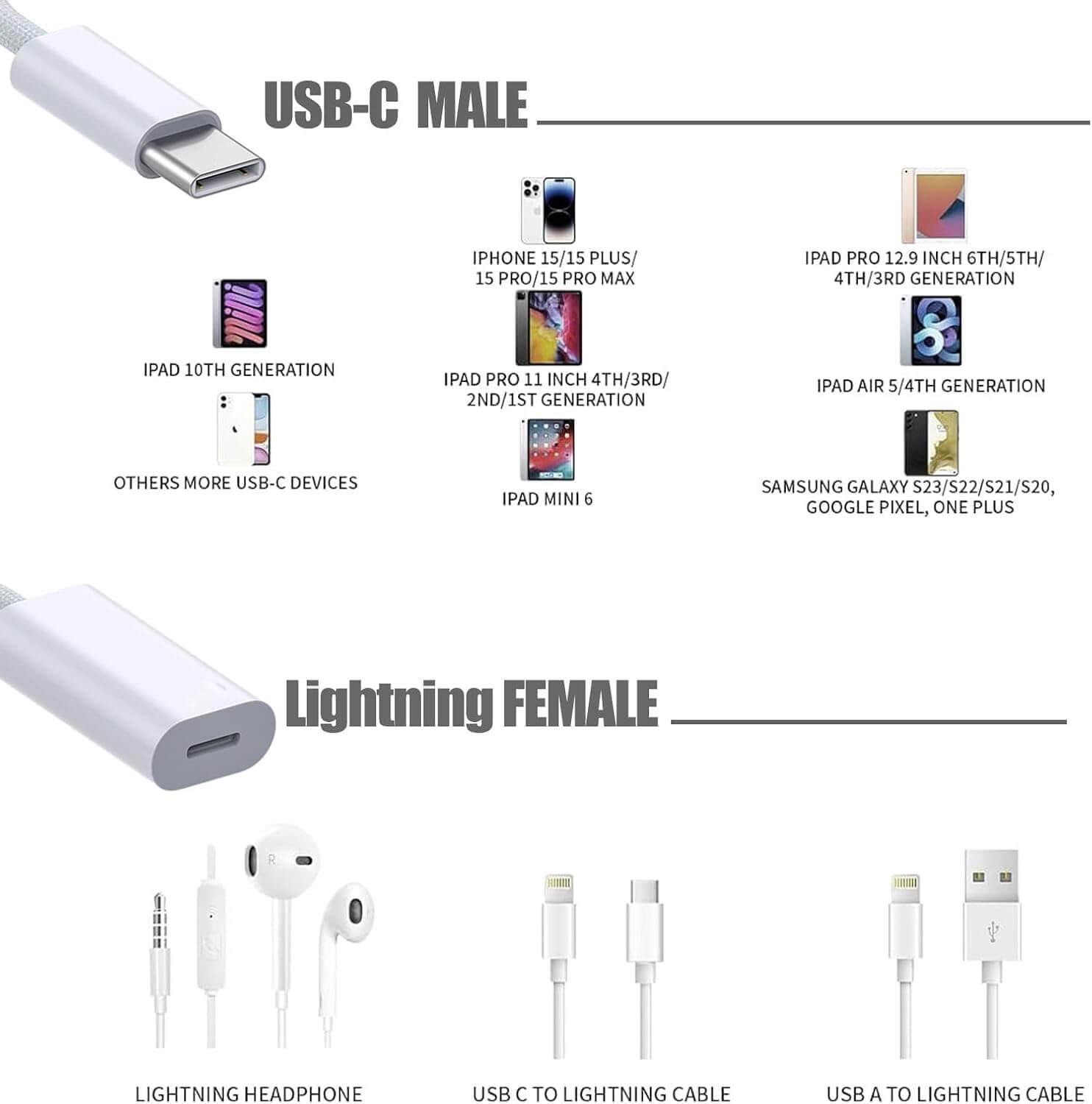 USBC to Lightning Adapter 8-Pin Female Cable Converter | AXYON Male 
