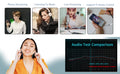 Collage of people using audio devices with a graph labeled 'Audio Test Comparison' on a blue gradient background.