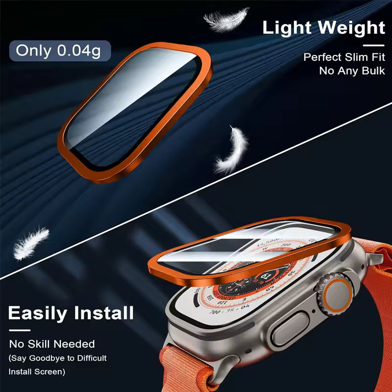 Smartwatch with a protective case on a dark background, highlighting features like weight and installation ease.
