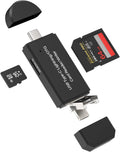 Black USB card reader with microSD, SD, and CF cards on a white background