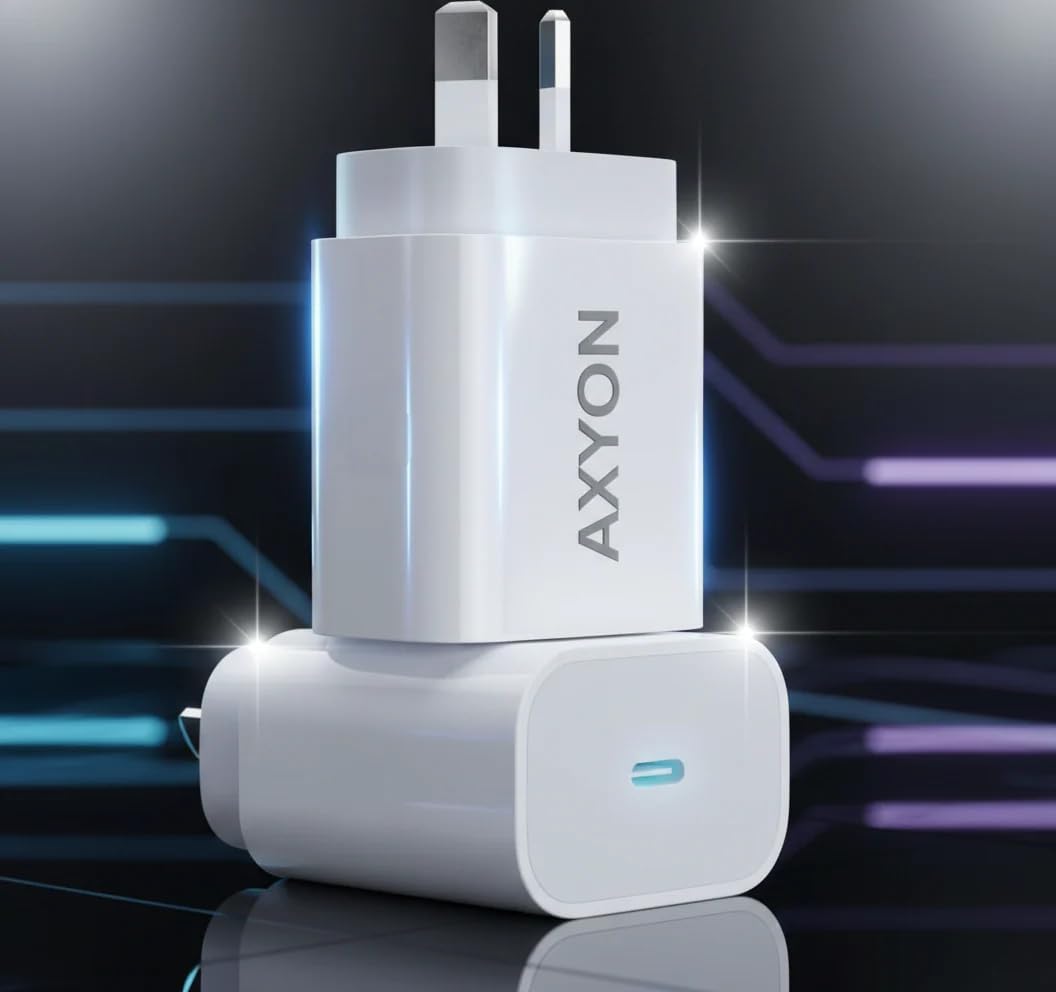 Two white AXYON wireless charging adapters stacked vertically on a reflective dark surface, with glowing blue LED accents and a futuristic dark background with neon light trails.