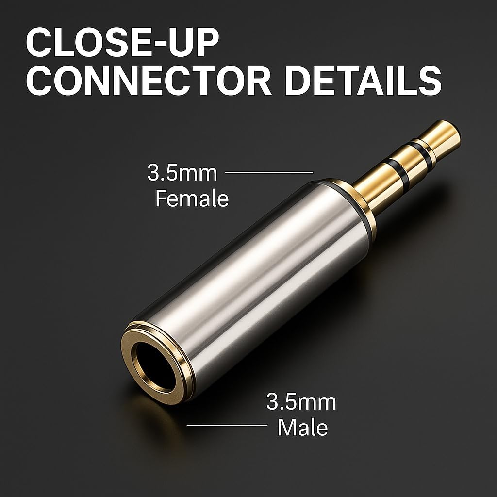 Close-up of a 3.5mm audio connector with labeled male and female ends on a dark background.