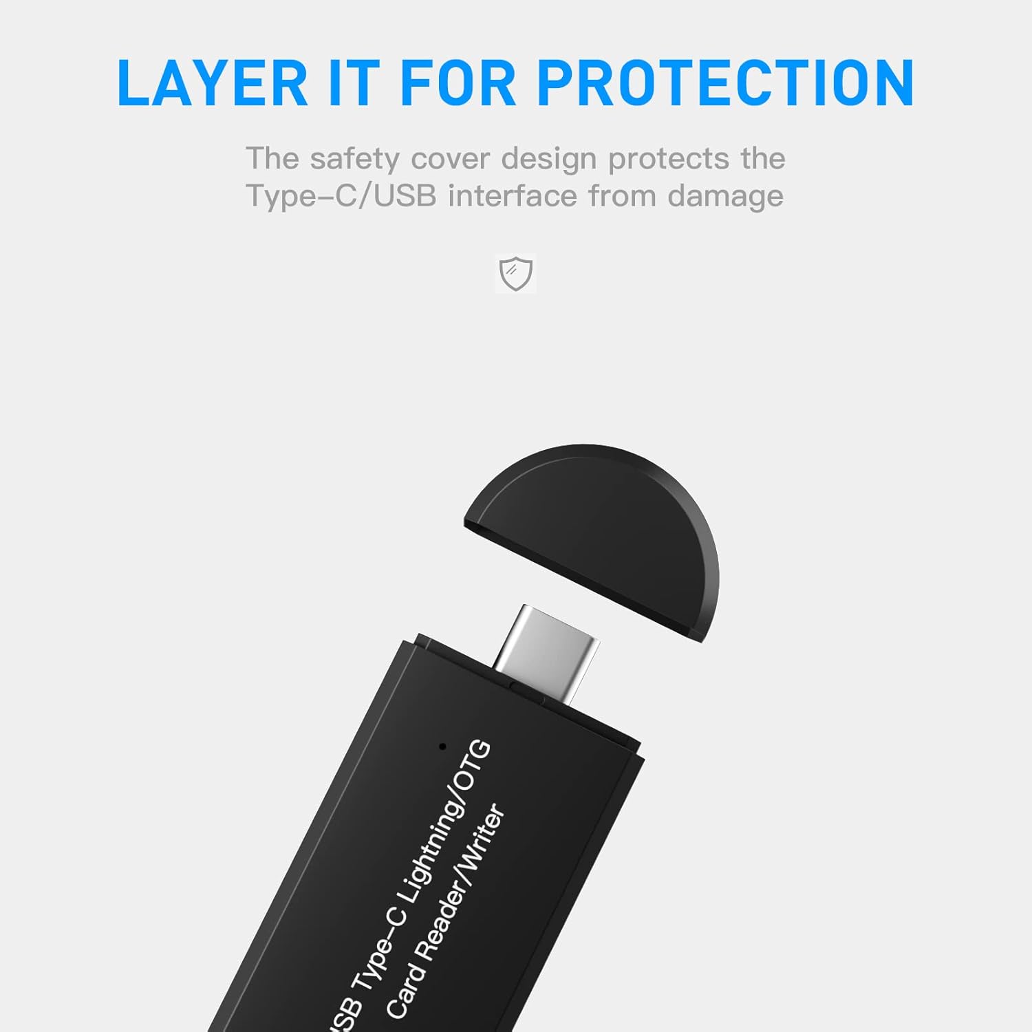 Black USB Type-C/USB interface safety cover with text on a white background