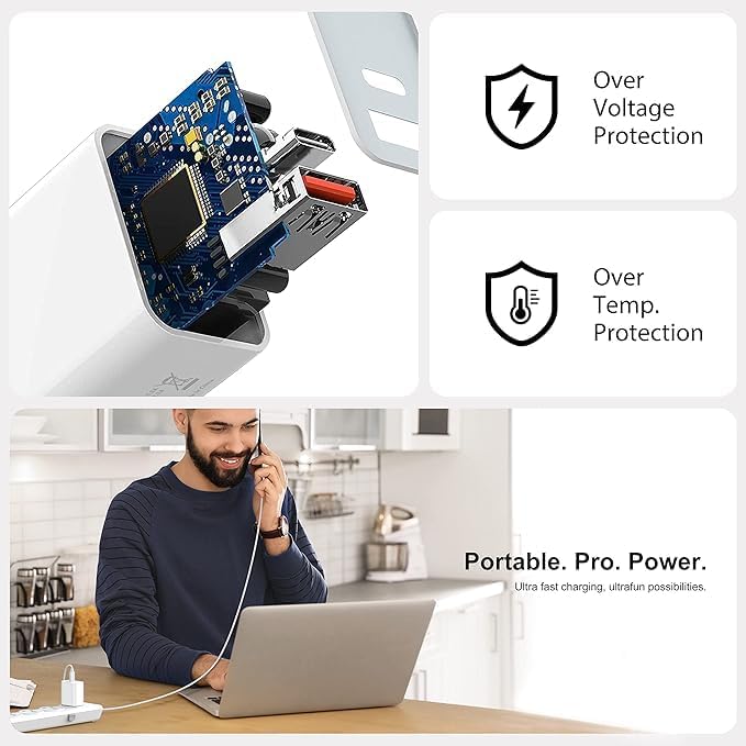 Product with electronic components and text about protection features, shown with a person using a laptop.