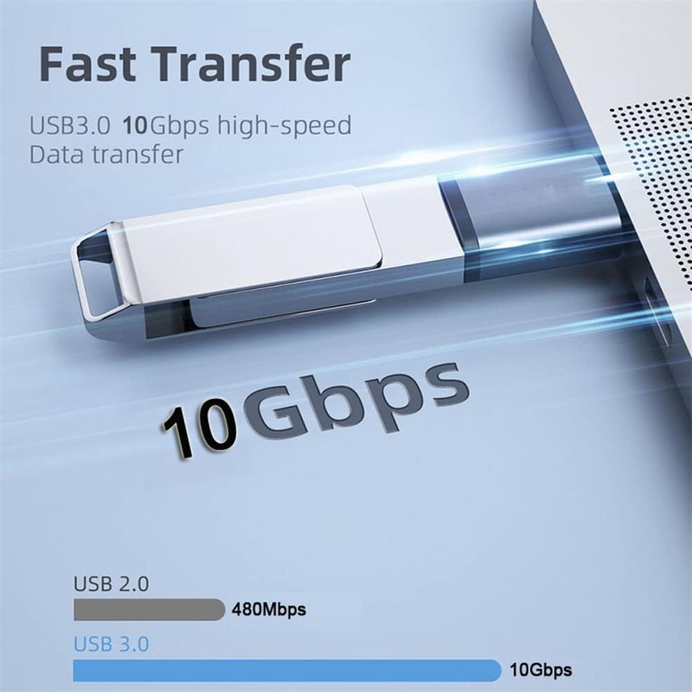 USB flash drive with 10Gbps data transfer speed on a light blue background