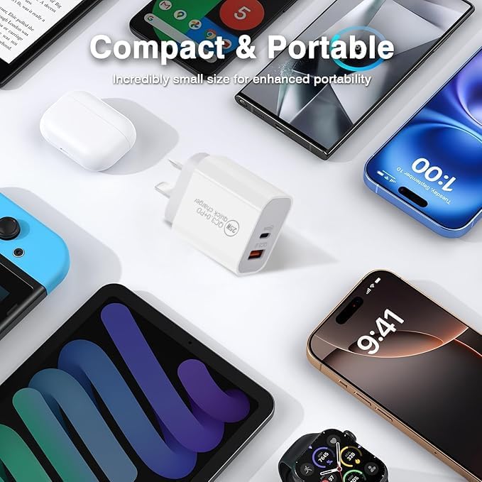 Collection of compact electronic devices including smartphones, a power adapter, and a smartwatch on a white background.