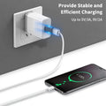 Wall charger with cable connected to a smartphone, showing charging status on screen.