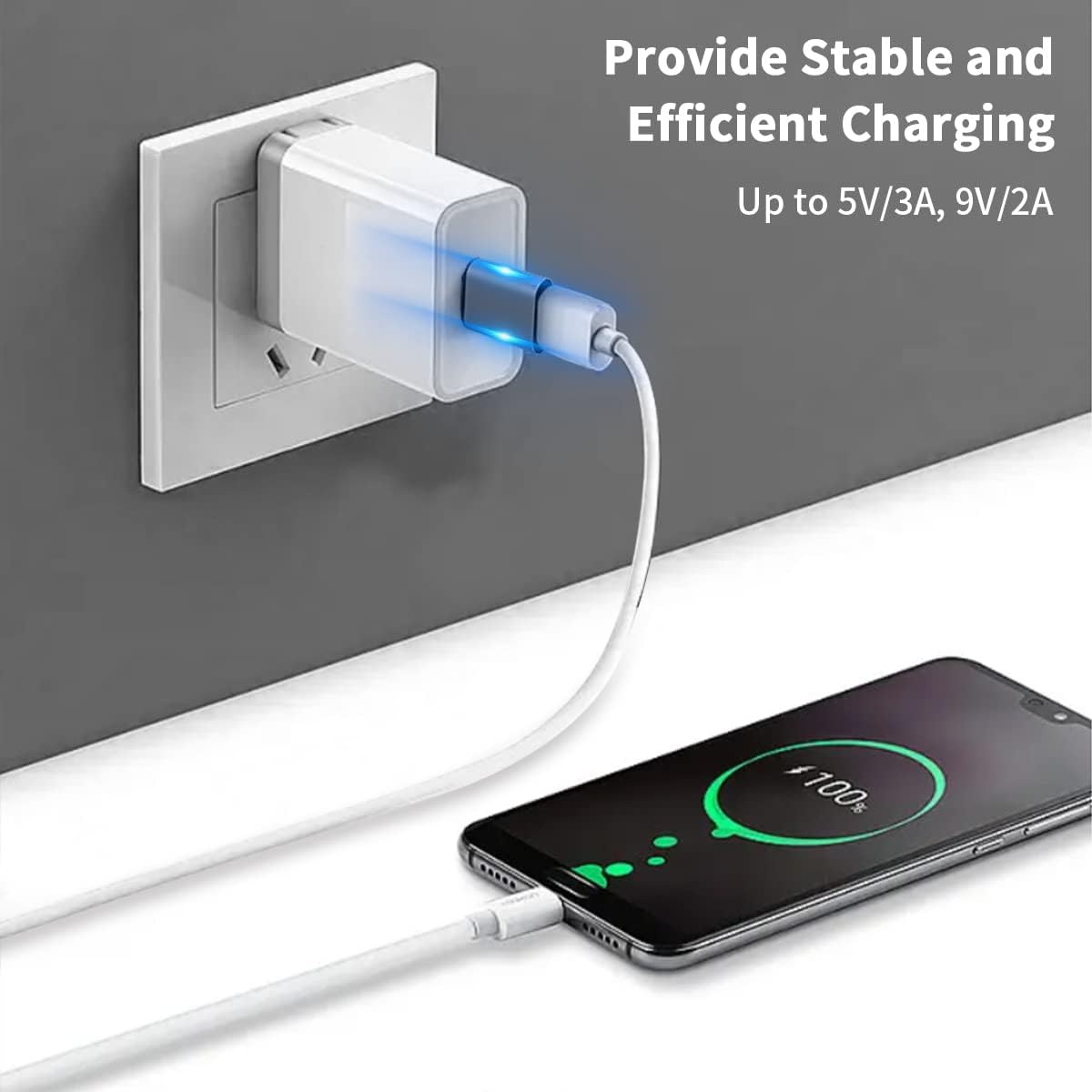 Wall charger with cable connected to a smartphone, showing charging status on screen.