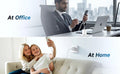 A split lifestyle image showing a man working on his phone at an office desk labeled 'At Office' and two women taking a selfie on a couch labeled 'At Home', both demonstrating the use of a white wall charger plugged into an outlet.