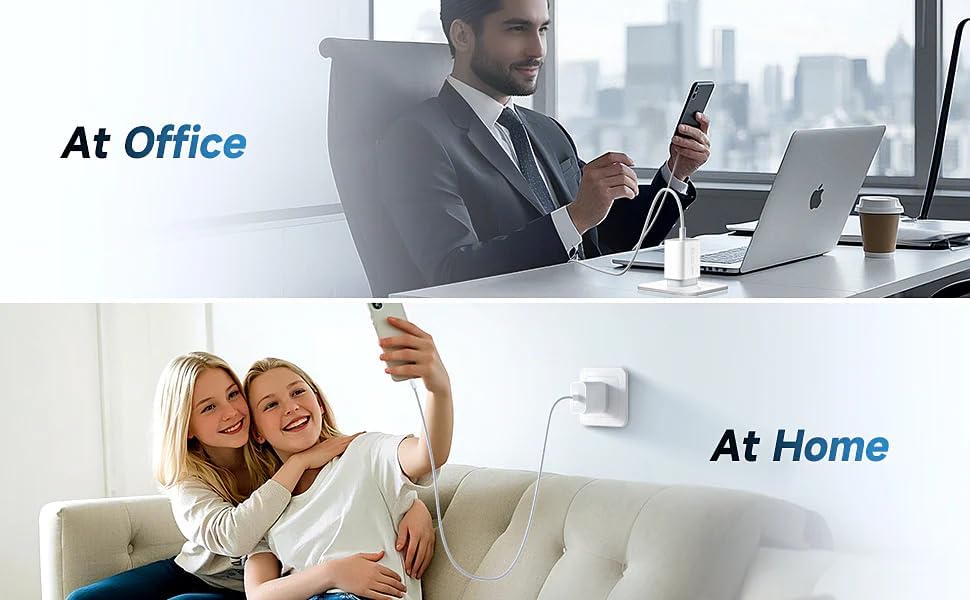 A split lifestyle image showing a man working on his phone at an office desk labeled 'At Office' and two women taking a selfie on a couch labeled 'At Home', both demonstrating the use of a white wall charger plugged into an outlet.