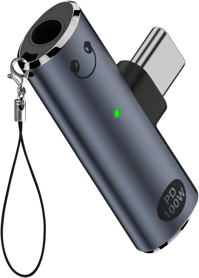 A dark gray metallic USB-C to USB-A adapter with a wrist strap, featuring a small green LED indicator light and a 'PD 100W' label on the side.