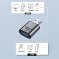 USB adapter with icons indicating its uses on a light blue background