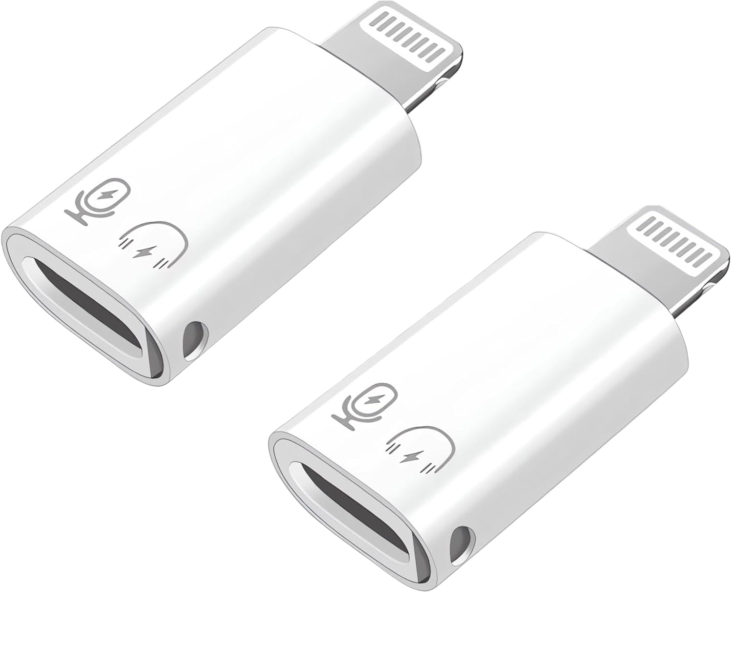 Two white USB-C to Lightning adapters on a white background