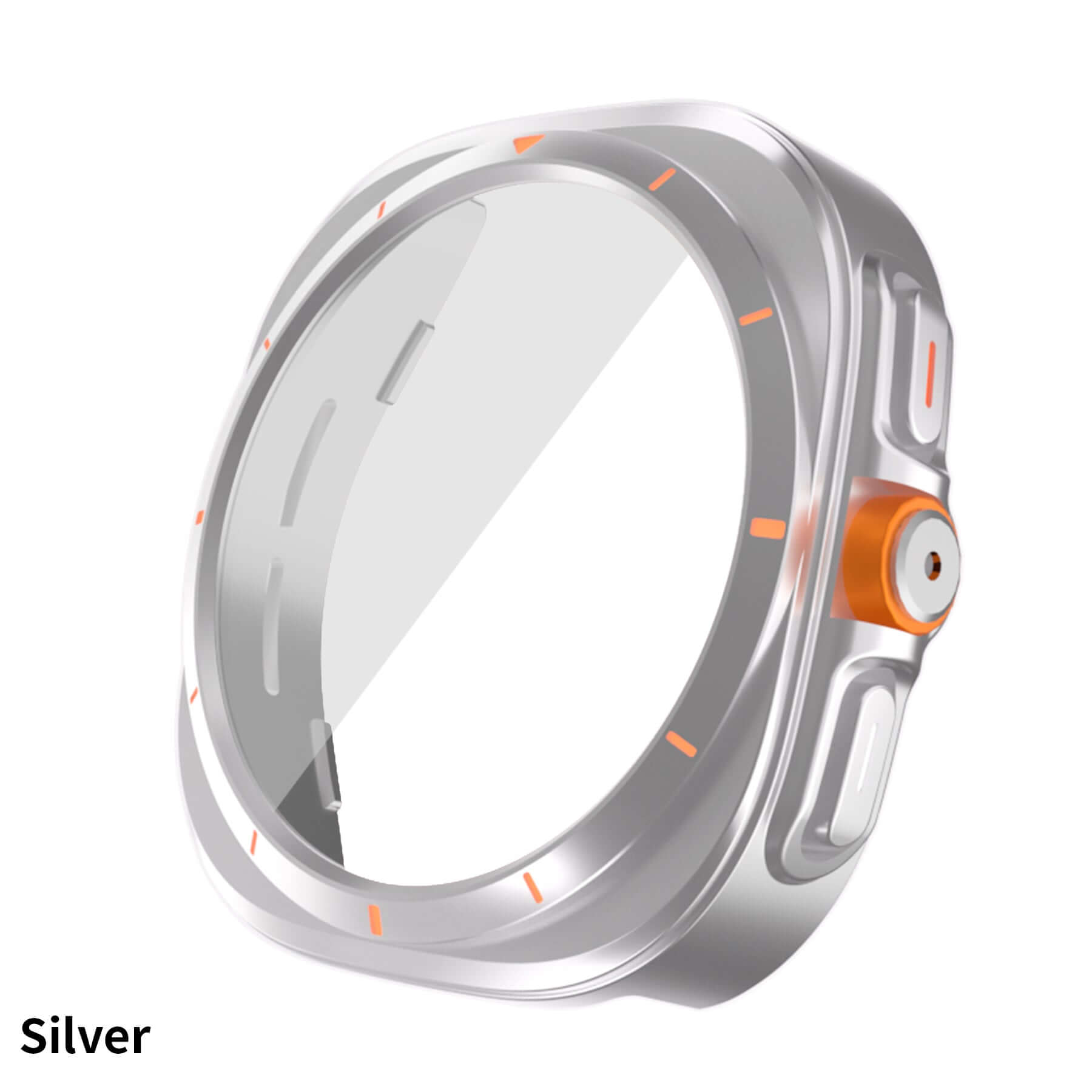 Silver ring with orange accents on a white background