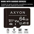 Axyon 64GB memory card with compatibility icons for various devices on a white background.
