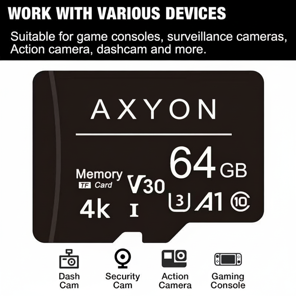 Axyon 64GB memory card with compatibility icons for various devices on a white background.