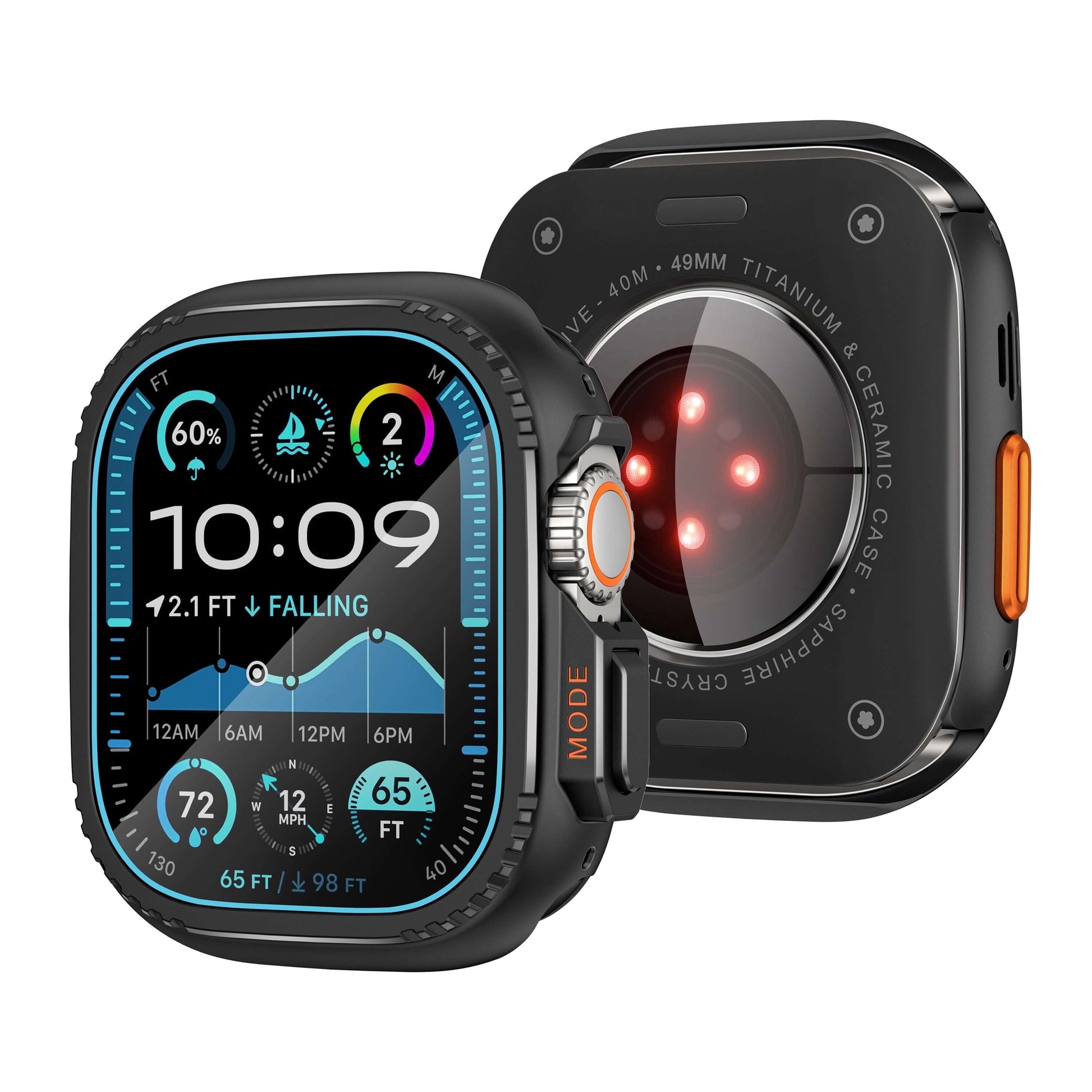 Smartwatch with a detailed display and camera lens on a white background