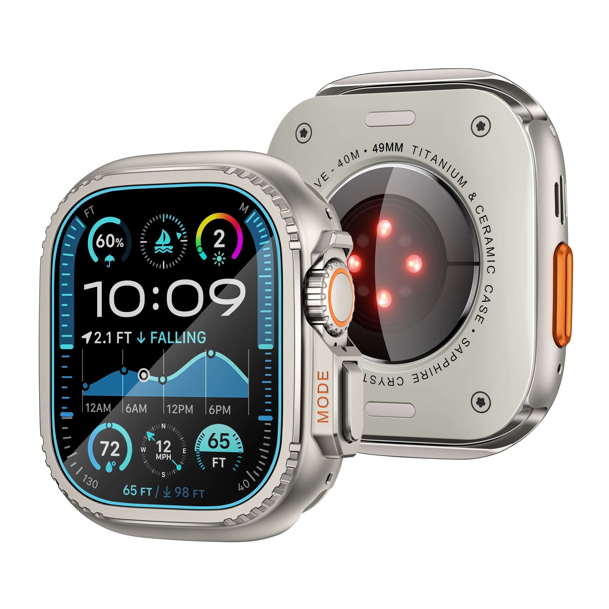 Smartwatch with a detailed display and camera lens on a white background