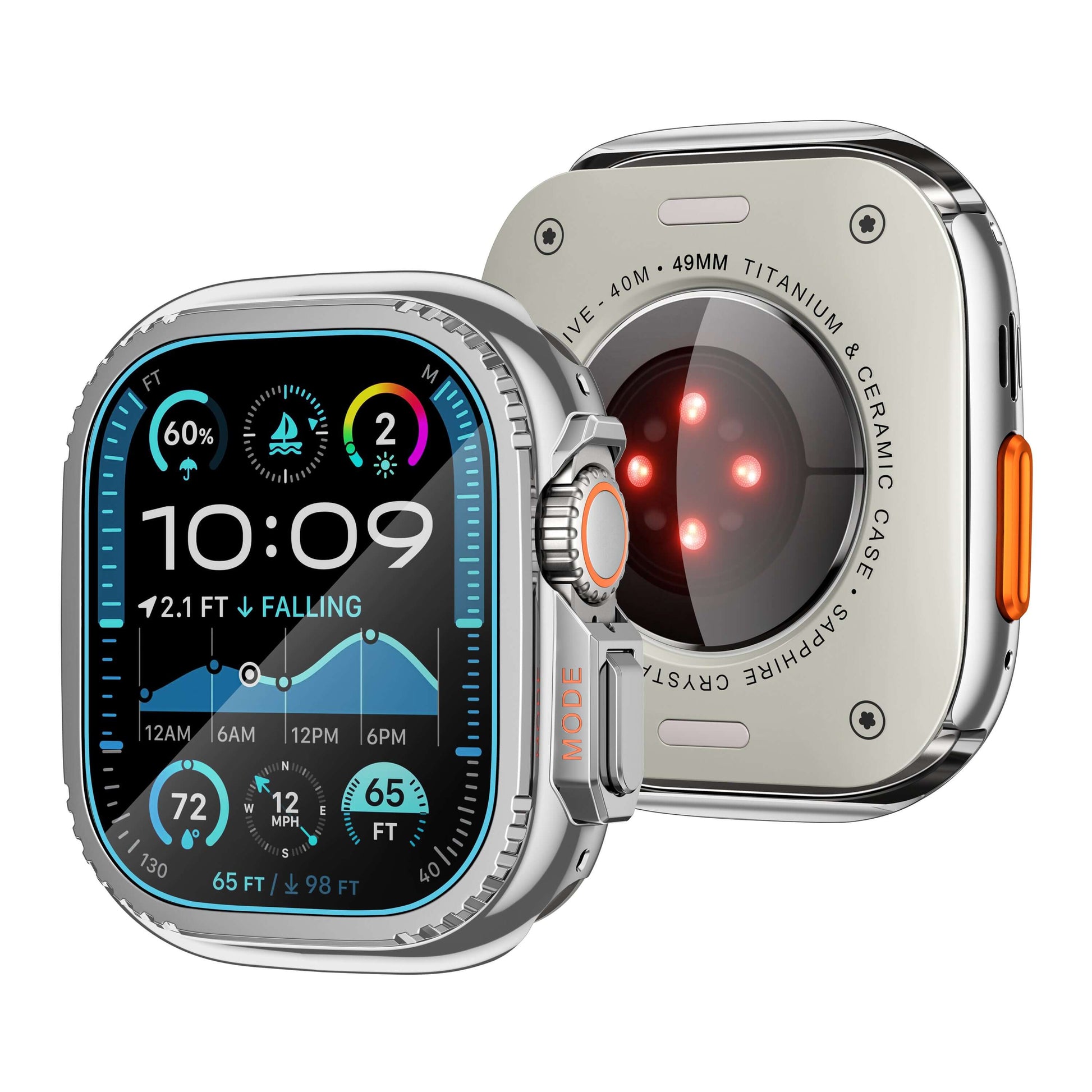 Smartwatch with a detailed display and protective case on a white background