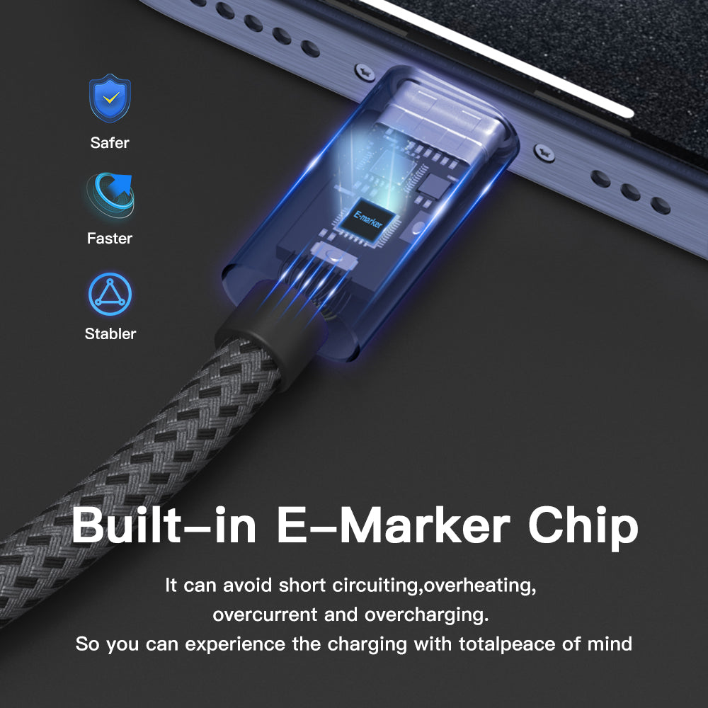 AXYON braided USB-C cable with transparent connector showing built-in E-Marker chip for safer, faster, more stable charging