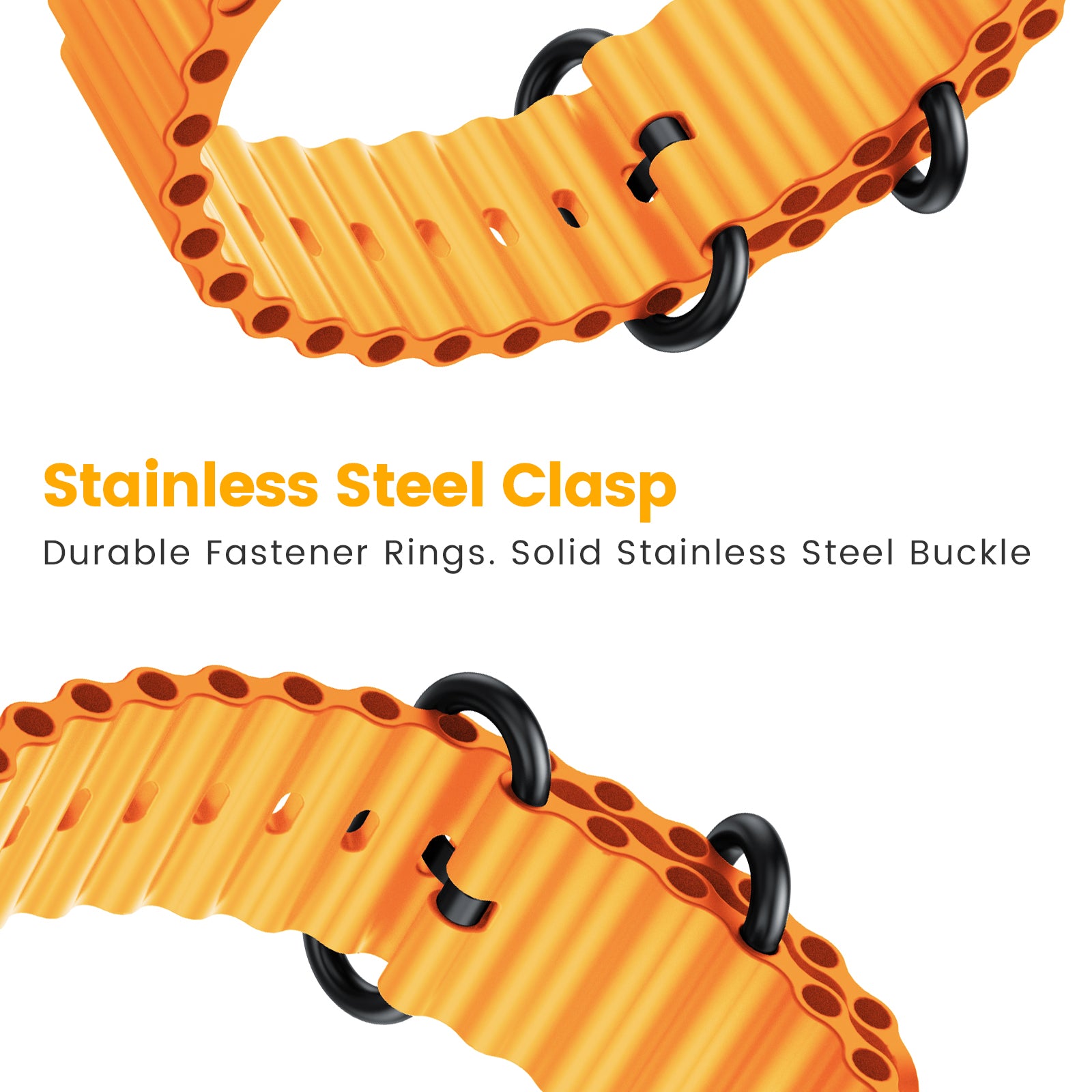 Orange dog collar with black stainless steel clasp on a white background