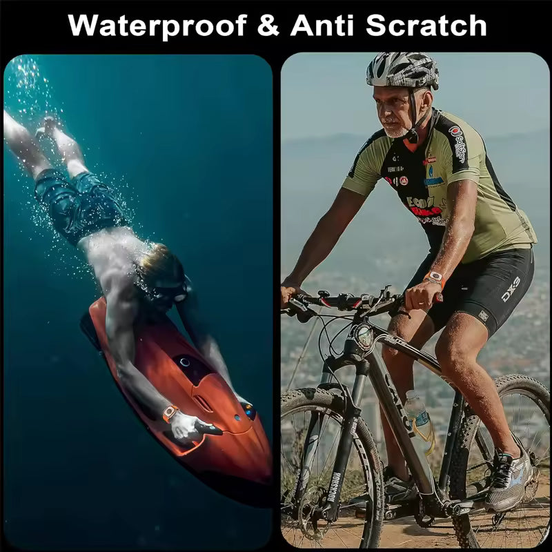 Person underwater with a waterproof device and a cyclist on a mountain bike, emphasizing waterproof and anti-scratch features.
