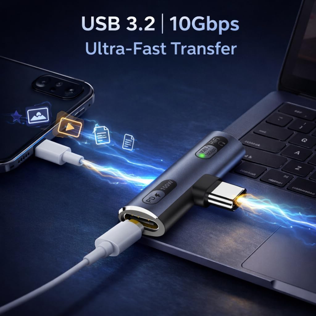 USB adapter connecting to a laptop with text 'USB 3.2 | 10Gbps Ultra-Fast Transfer' on a dark background.