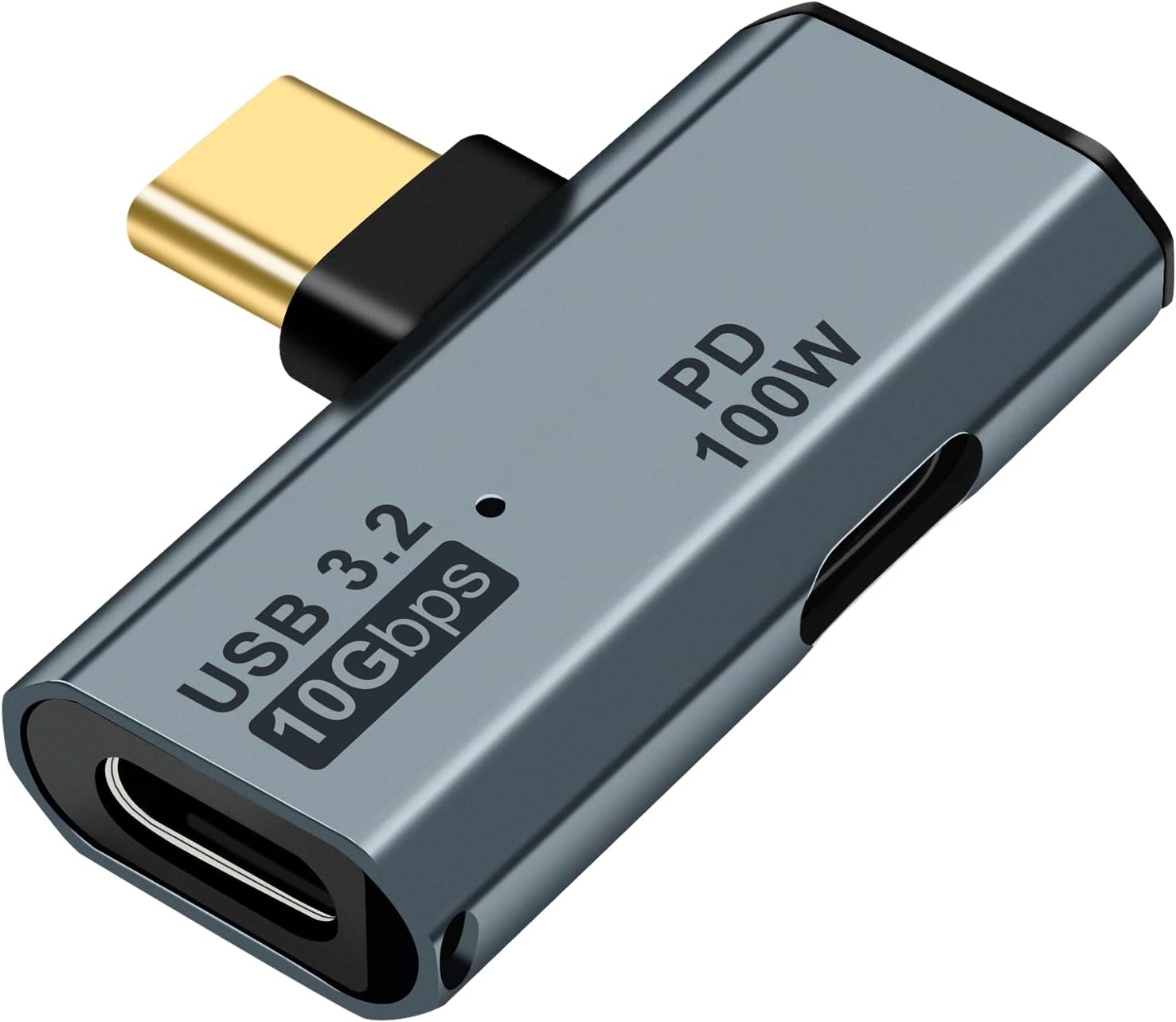 A USB 3.2 10Gbps to PD 100W USB-C adapter with a metallic gray body, black accents, and a gold-toned USB-C connector, shown on a plain white background.