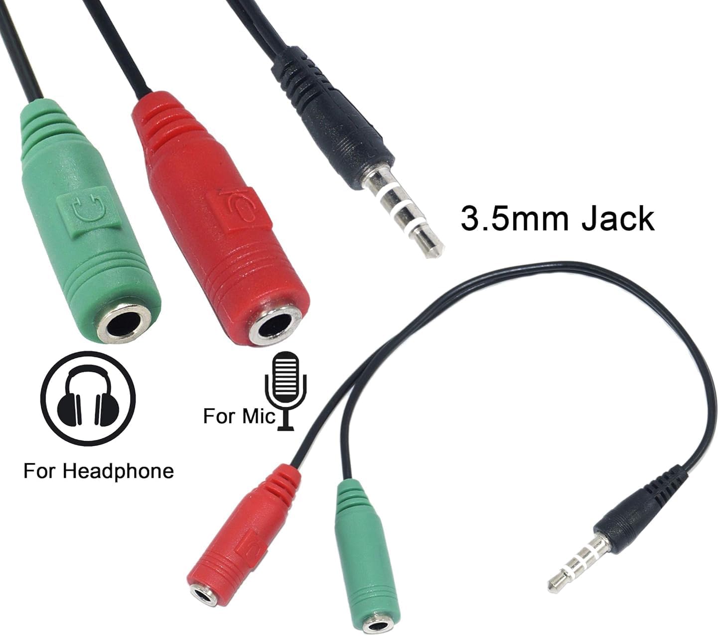 AXYON audio Y-adapter cable with 3.5mm TRRS jack split to dual TRS color-coded plugs - 1, 2, 4 pack available