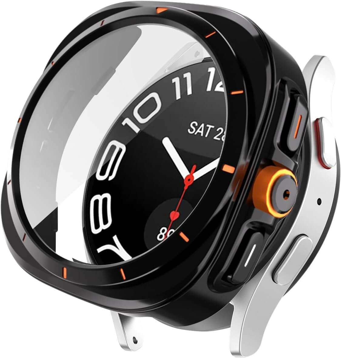 Smartwatch with a black and silver design on a white background