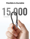 Hand holding a flexible cable with text indicating 15,000 bending tests on a white background