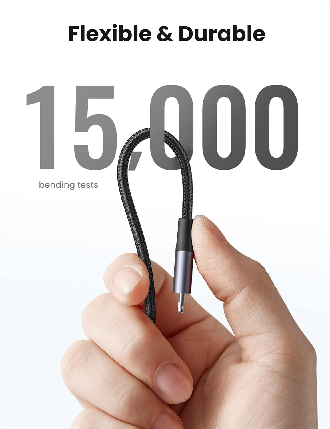 Hand holding a flexible cable with text indicating 15,000 bending tests on a white background