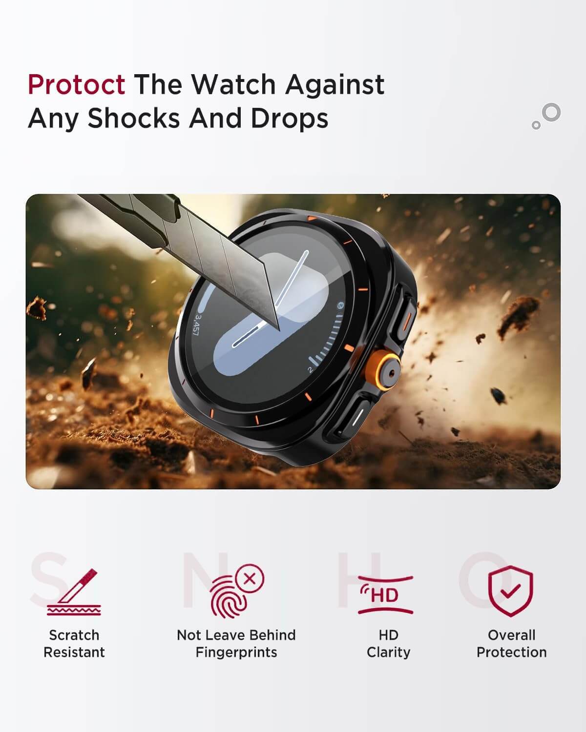 Smartwatch with protective film being sliced by a knife, text 'Protect The Watch Against Any Shocks And Drops', features listed below.