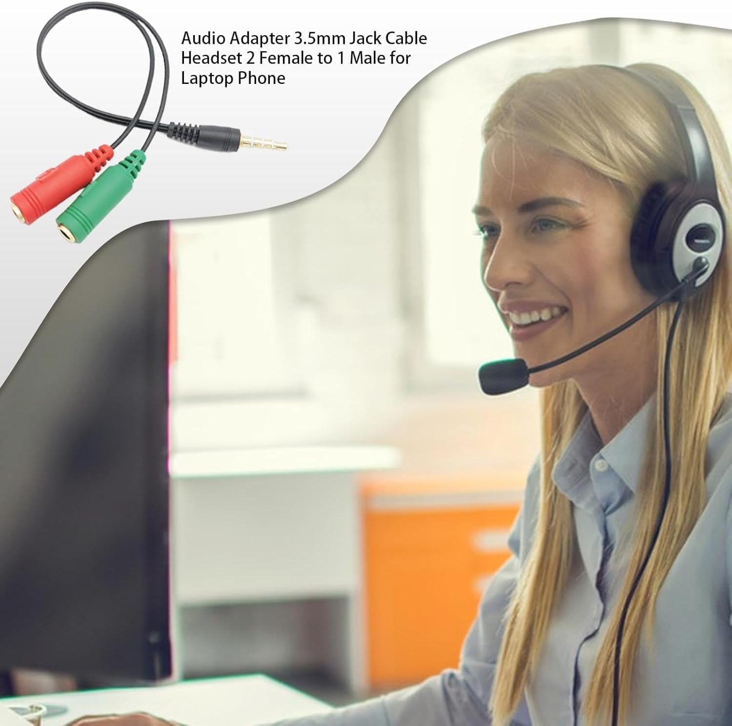 AXYON 3.5mm headset mic splitter in use - woman wearing gaming headset with Y-adapter for laptop audio