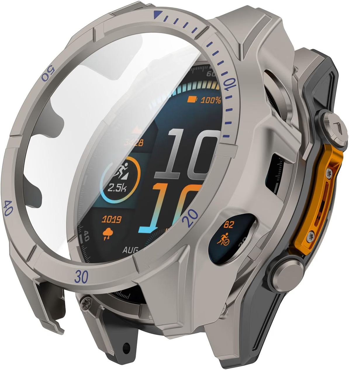 A close-up of a rugged silver smartwatch with a clear protective lens overlay, dark display screen, and orange accent details on the side.
