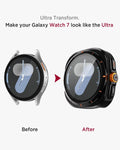 Smartwatch transformation from 'Before' to 'After' with text 'Make your Galaxy Watch 7 look like the Ultra'.