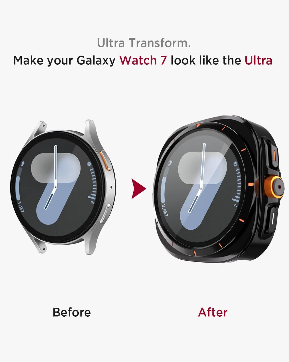 Smartwatch transformation from 'Before' to 'After' with text 'Make your Galaxy Watch 7 look like the Ultra'.