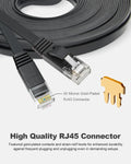 Black Ethernet cable with RJ45 connector on a white background