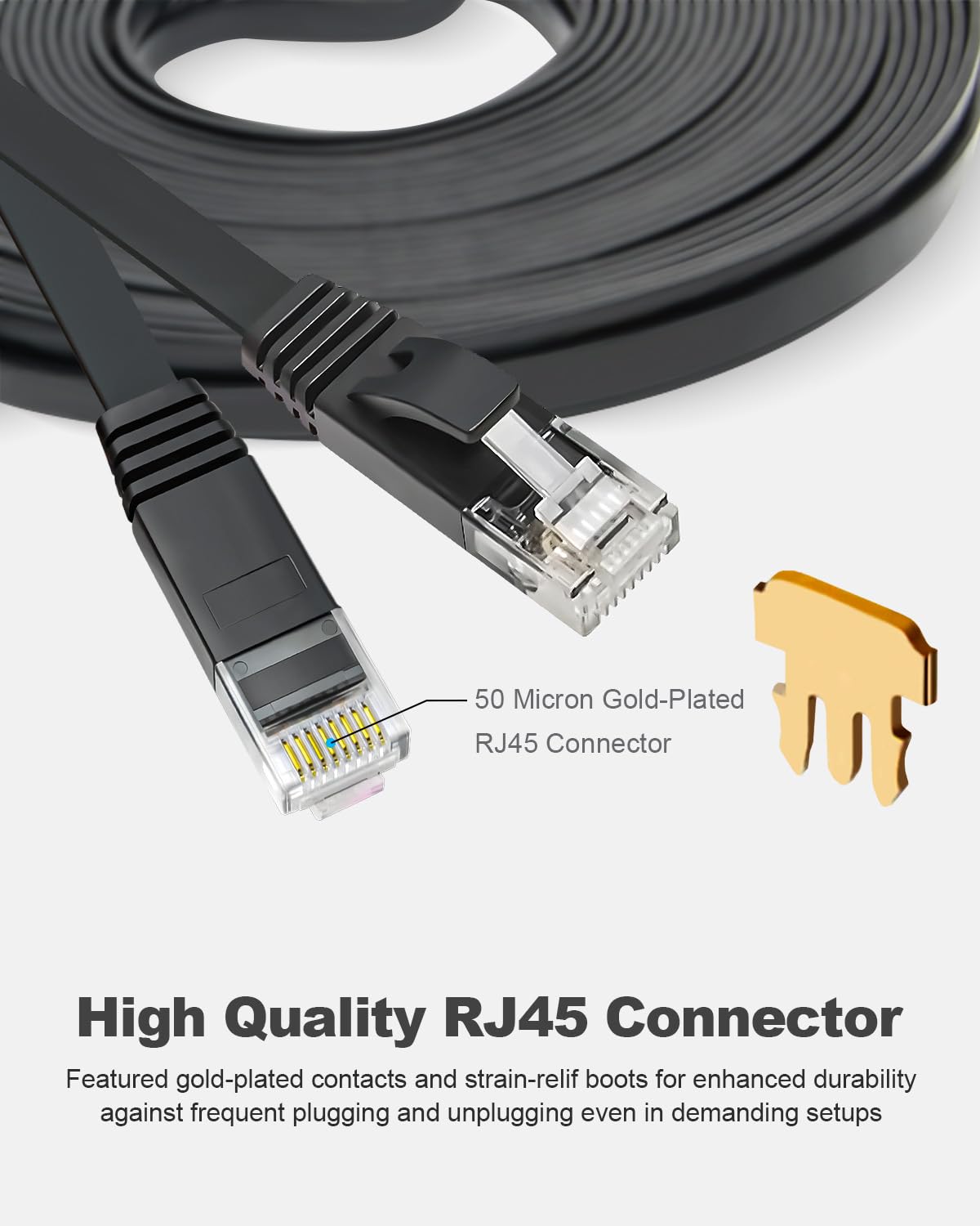 Black Ethernet cable with RJ45 connector on a white background